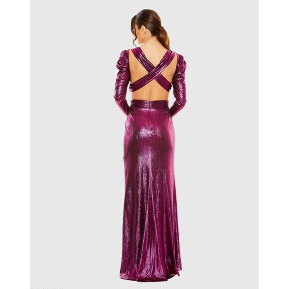 NWT Ieena for Mac Duggal Princess Sleeve Cut Out Metallic Gown in Fuchsia 27060 - Picture 3 of 16